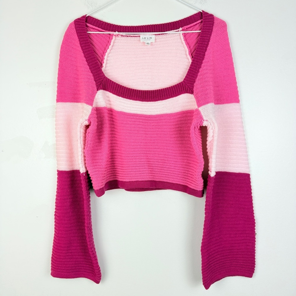 Le Lis Striped Pink Cropped Knit Sweater Y2K Coquette Colorblock Bell Sleeve